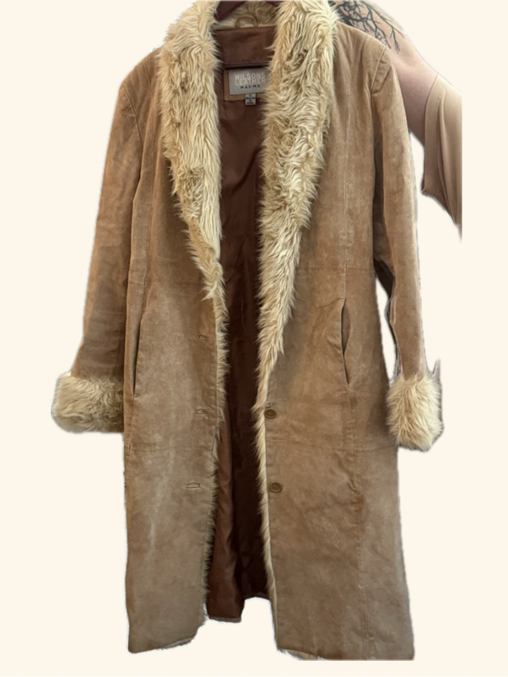 Wilsons Leather Tan Suede penny lane Trench Coat with Cream Faux Fur Trim 90s